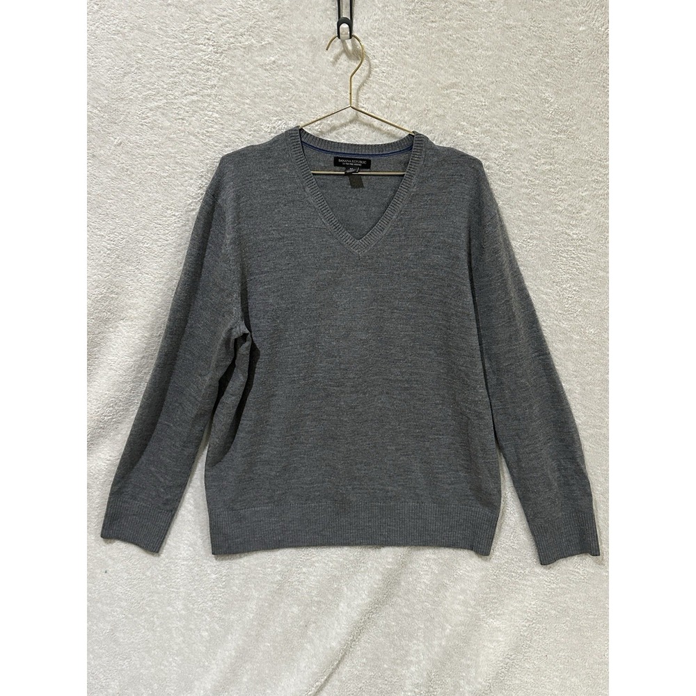 Banana Republic‎ Extra Fine Merino Wool Mens Sweater Size XL Gray Classic V-Neck